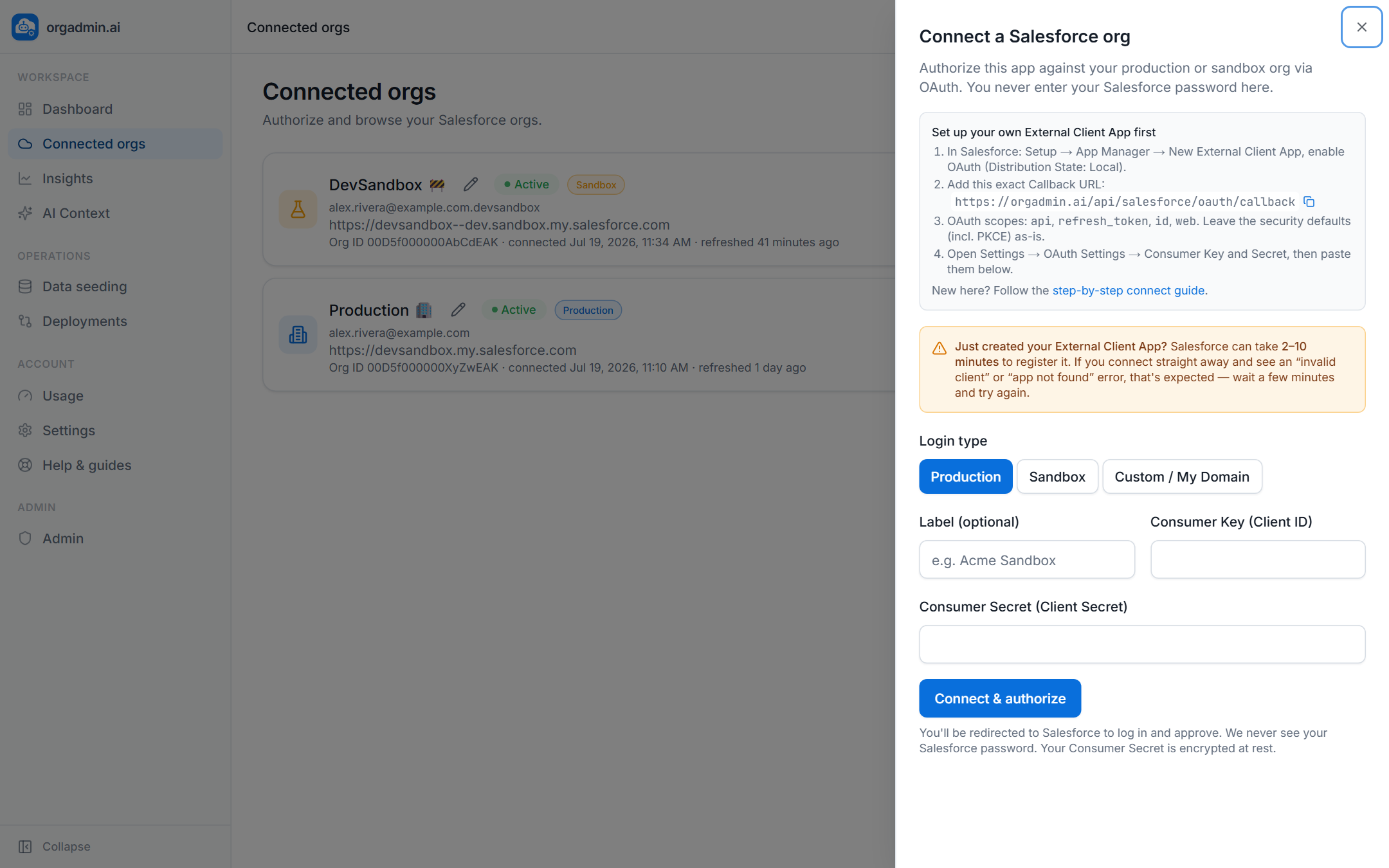 The Connect a Salesforce org panel, showing the setup checklist, callback URL, login type and credential fields