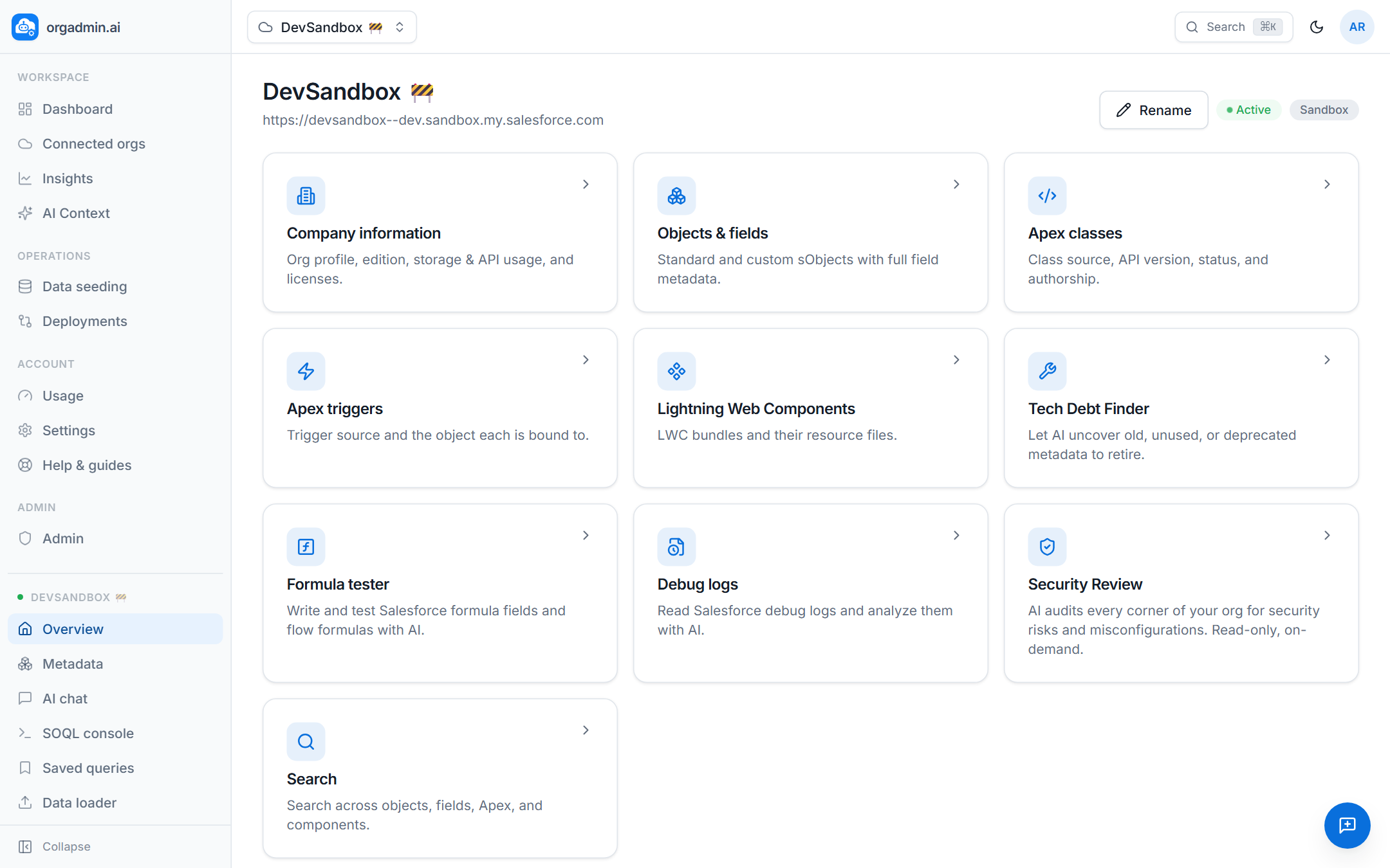 An org's overview page with one tile per explorer
