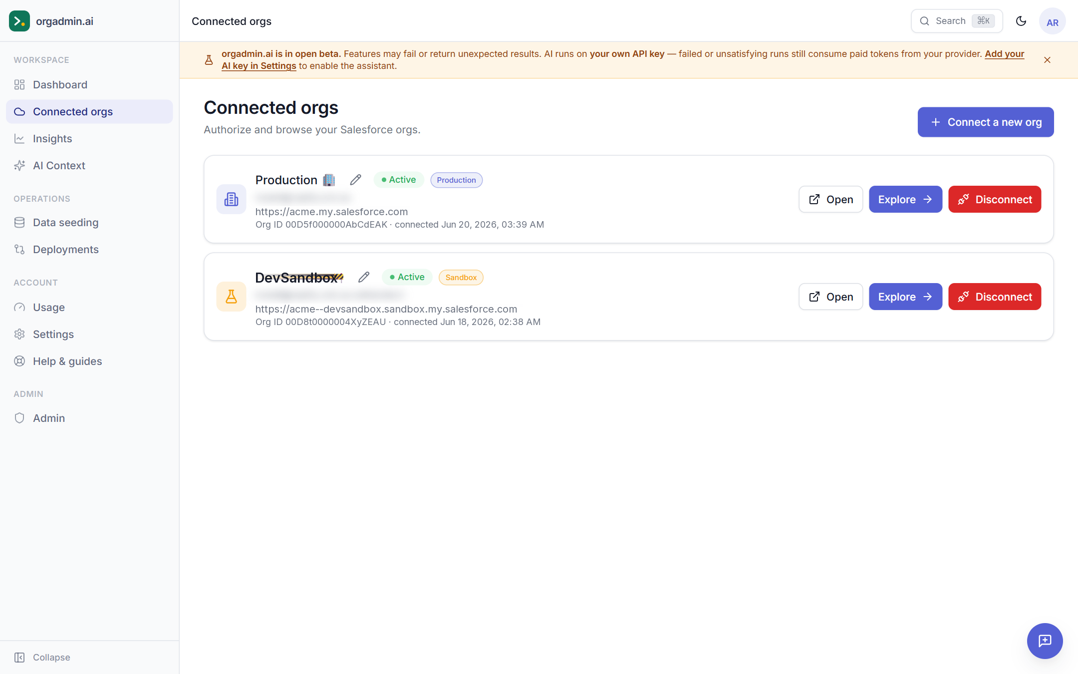 The Connected orgs page