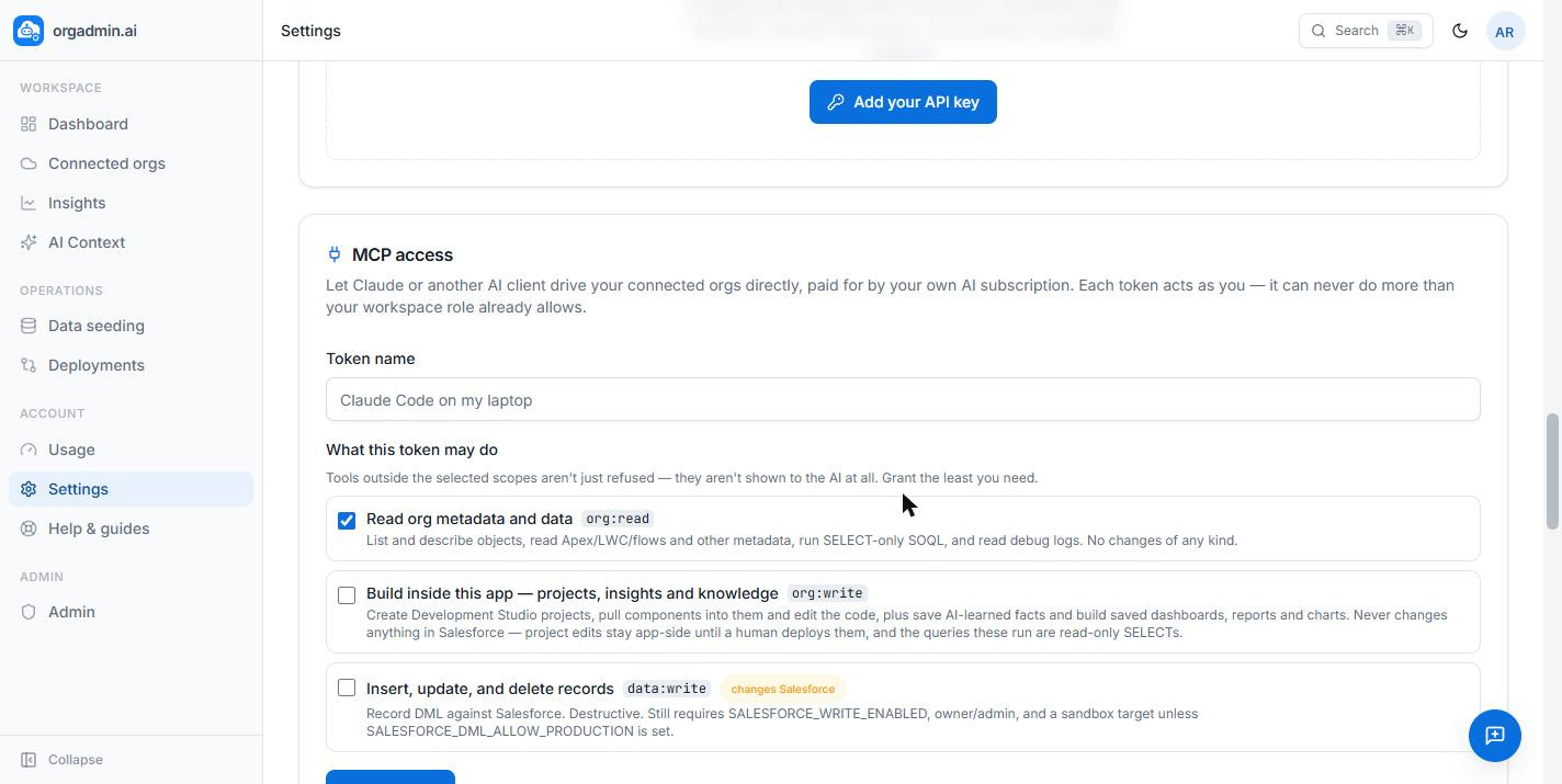 The MCP access card in Settings, with the token name field and scope picker