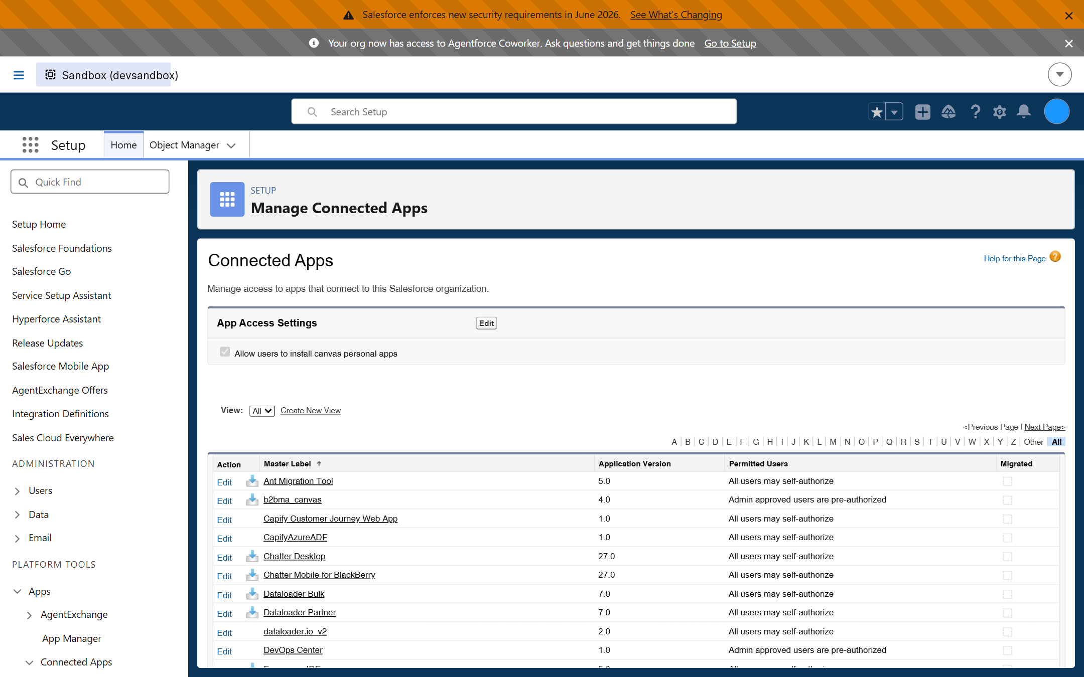 Salesforce App Manager listing the org's apps